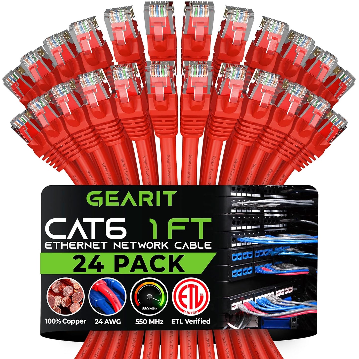 Cat 6 Ethernet Cable (20-Pack 25 Feet) Cat6 Network Patch, 10Gbps, RJ45, Snagless Cord, Gold-Plated Connectors, Internet for PC, TV, Tablet, Router, Printer, Servers, IT Data Center - Black