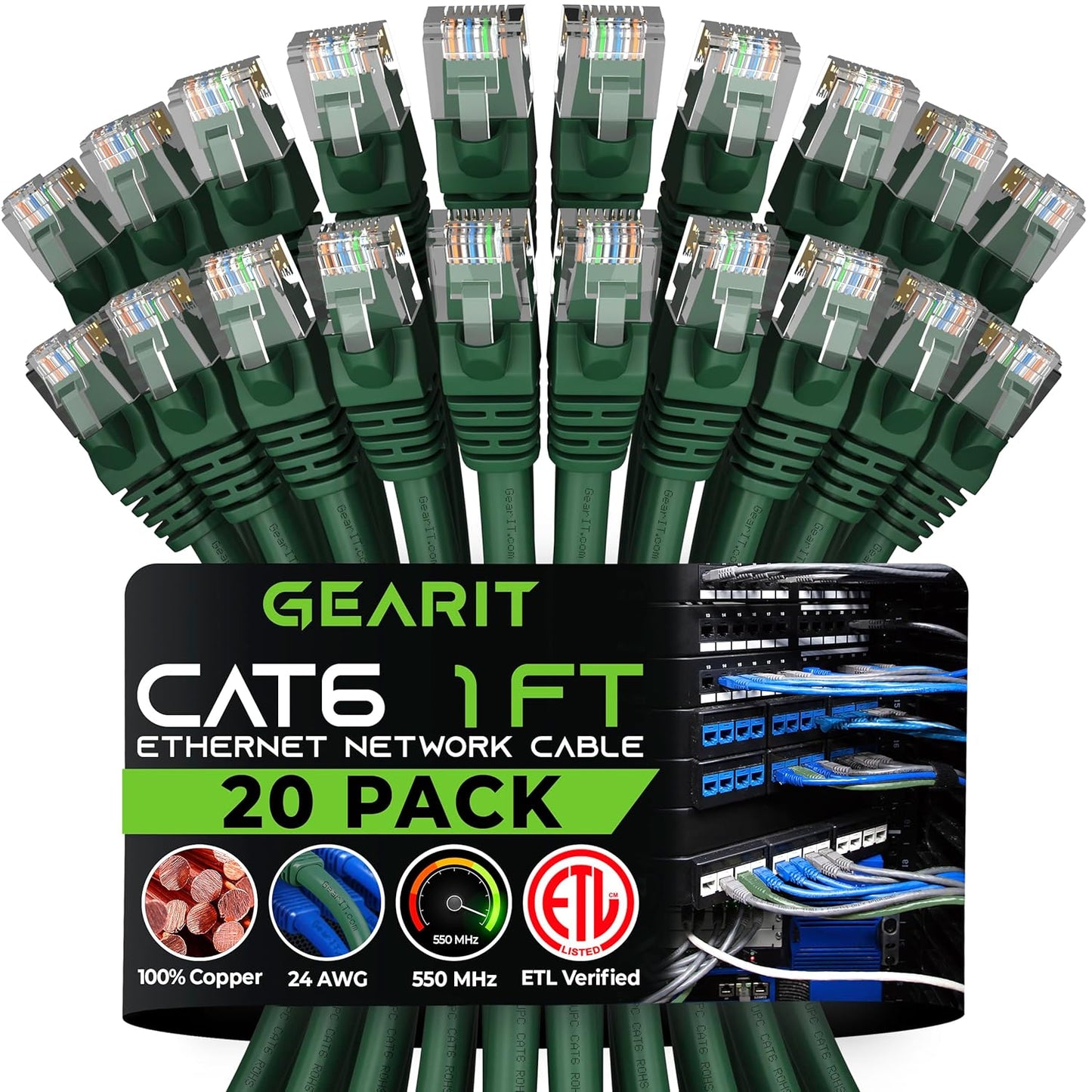 Cat 6 Ethernet Cable (20-Pack 25 Feet) Cat6 Network Patch, 10Gbps, RJ45, Snagless Cord, Gold-Plated Connectors, Internet for PC, TV, Tablet, Router, Printer, Servers, IT Data Center - Black