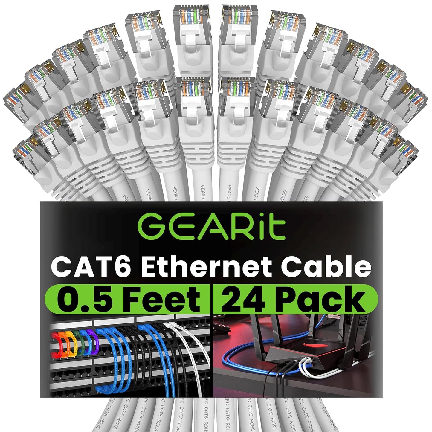 Cat 6 Ethernet Cable (20-Pack 25 Feet) Cat6 Network Patch, 10Gbps, RJ45, Snagless Cord, Gold-Plated Connectors, Internet for PC, TV, Tablet, Router, Printer, Servers, IT Data Center - Black