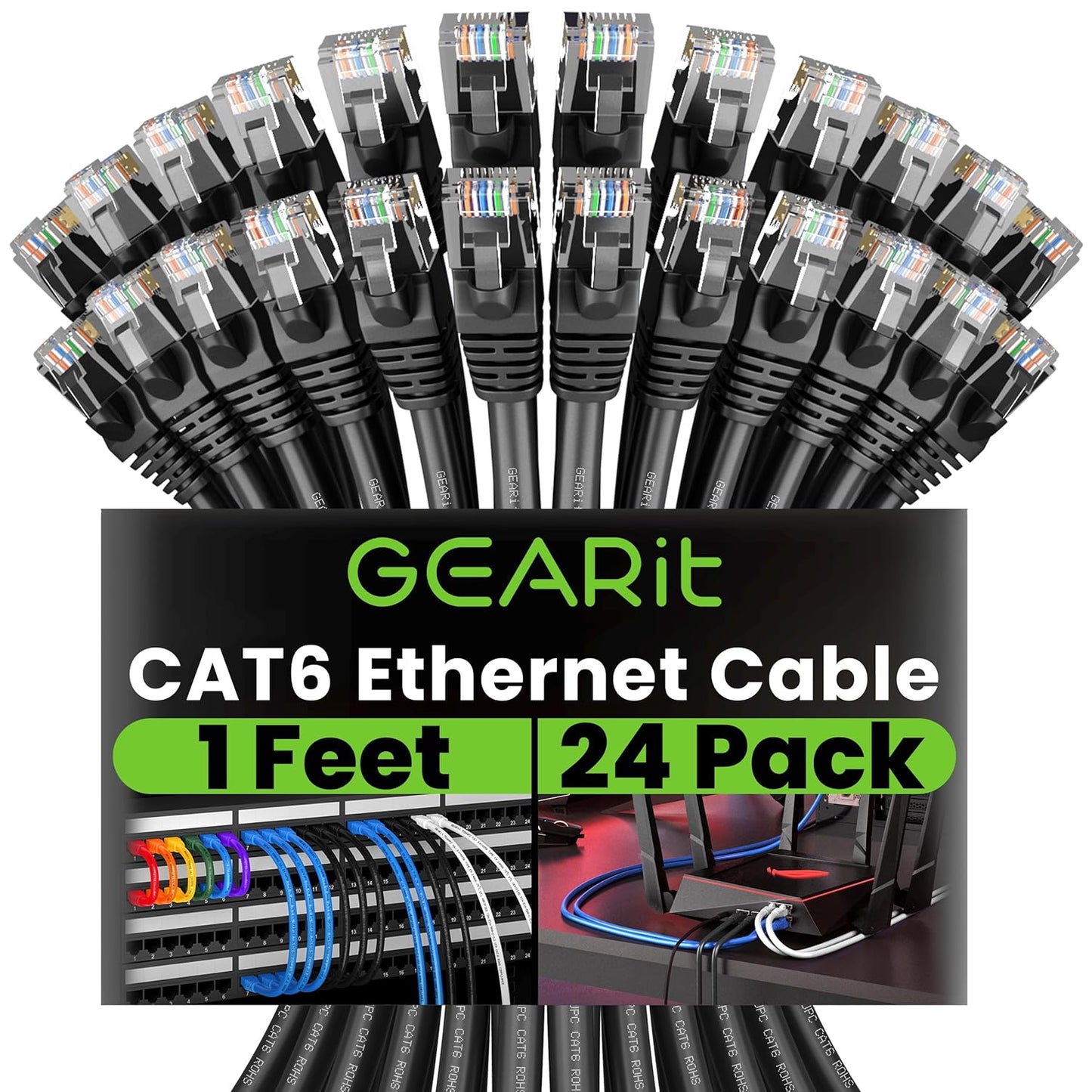 Cat 6 Ethernet Cable (20-Pack 25 Feet) Cat6 Network Patch, 10Gbps, RJ45, Snagless Cord, Gold-Plated Connectors, Internet for PC, TV, Tablet, Router, Printer, Servers, IT Data Center - Black