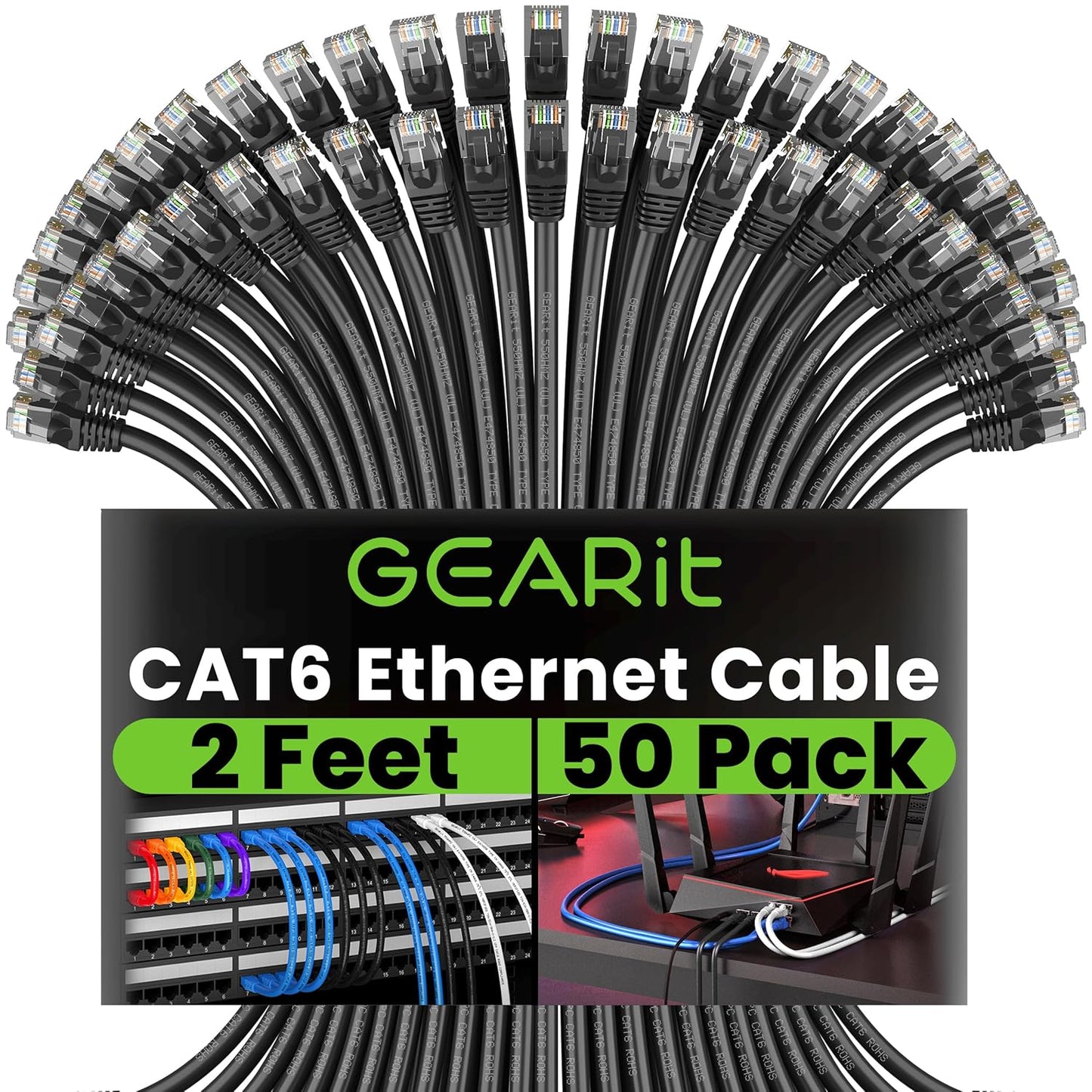 Cat 6 Ethernet Cable (20-Pack 25 Feet) Cat6 Network Patch, 10Gbps, RJ45, Snagless Cord, Gold-Plated Connectors, Internet for PC, TV, Tablet, Router, Printer, Servers, IT Data Center - Black