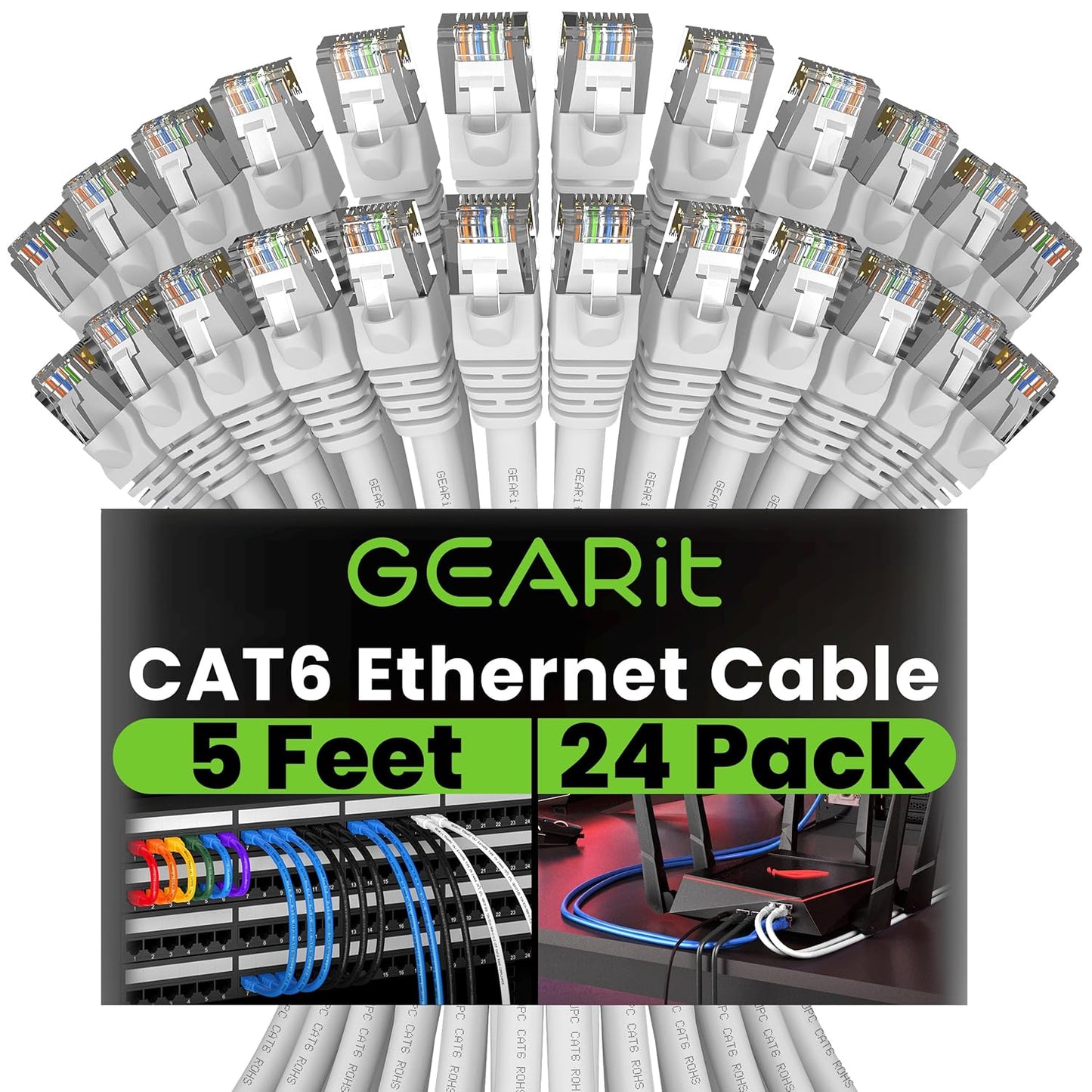 Cat 6 Ethernet Cable (20-Pack 25 Feet) Cat6 Network Patch, 10Gbps, RJ45, Snagless Cord, Gold-Plated Connectors, Internet for PC, TV, Tablet, Router, Printer, Servers, IT Data Center - Black