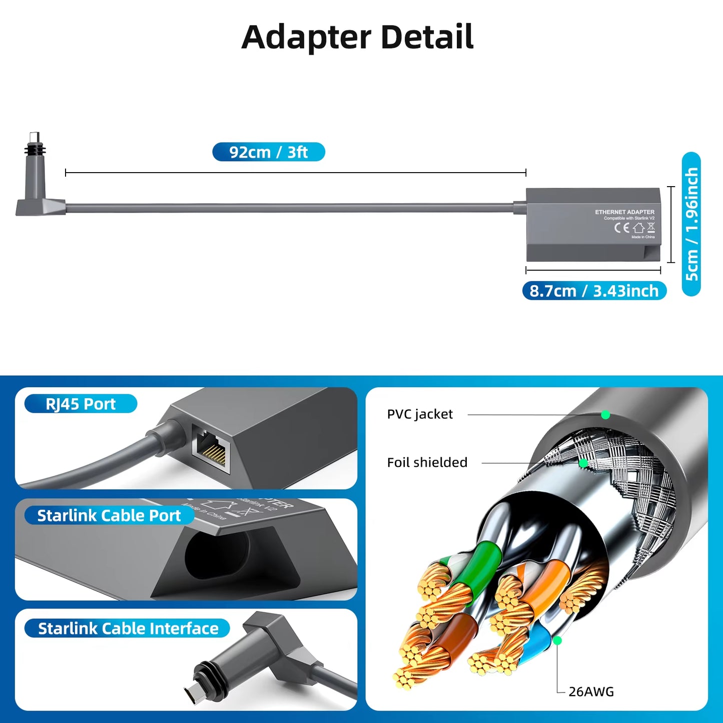 Starlink Ethernet Adapter for Dish Antenna Satellite Internet V2 Powerline Kit for Wired External Network GEN2 Ethernet Adapter