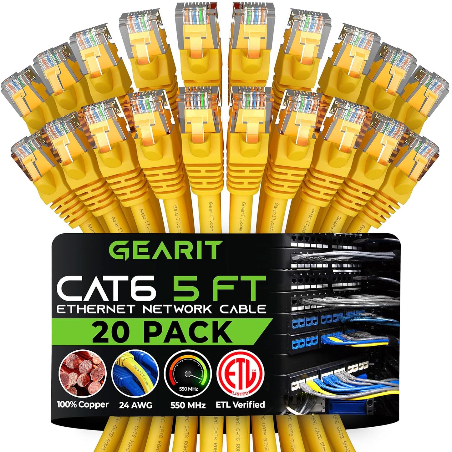 Cat 6 Ethernet Cable (20-Pack 25 Feet) Cat6 Network Patch, 10Gbps, RJ45, Snagless Cord, Gold-Plated Connectors, Internet for PC, TV, Tablet, Router, Printer, Servers, IT Data Center - Black