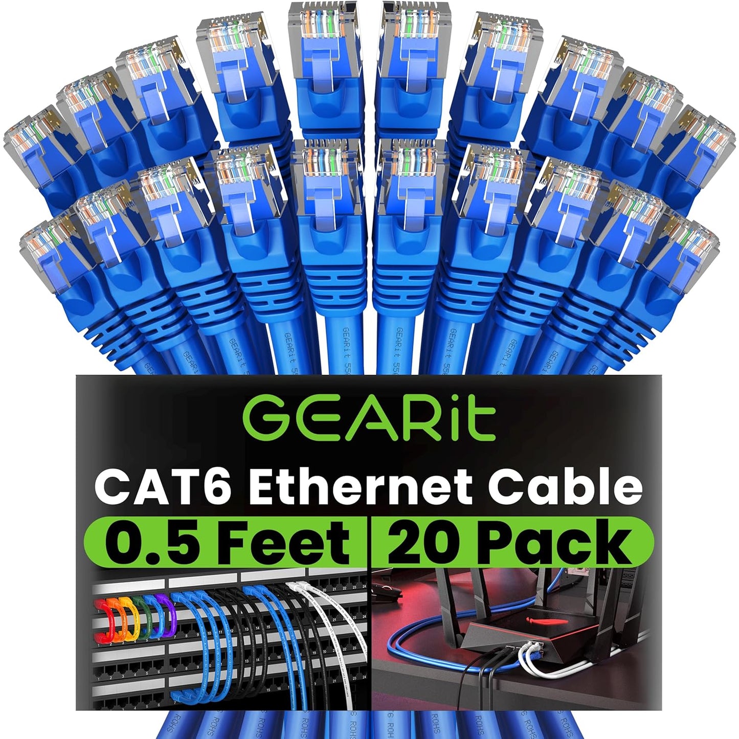 Cat 6 Ethernet Cable (20-Pack 25 Feet) Cat6 Network Patch, 10Gbps, RJ45, Snagless Cord, Gold-Plated Connectors, Internet for PC, TV, Tablet, Router, Printer, Servers, IT Data Center - Black