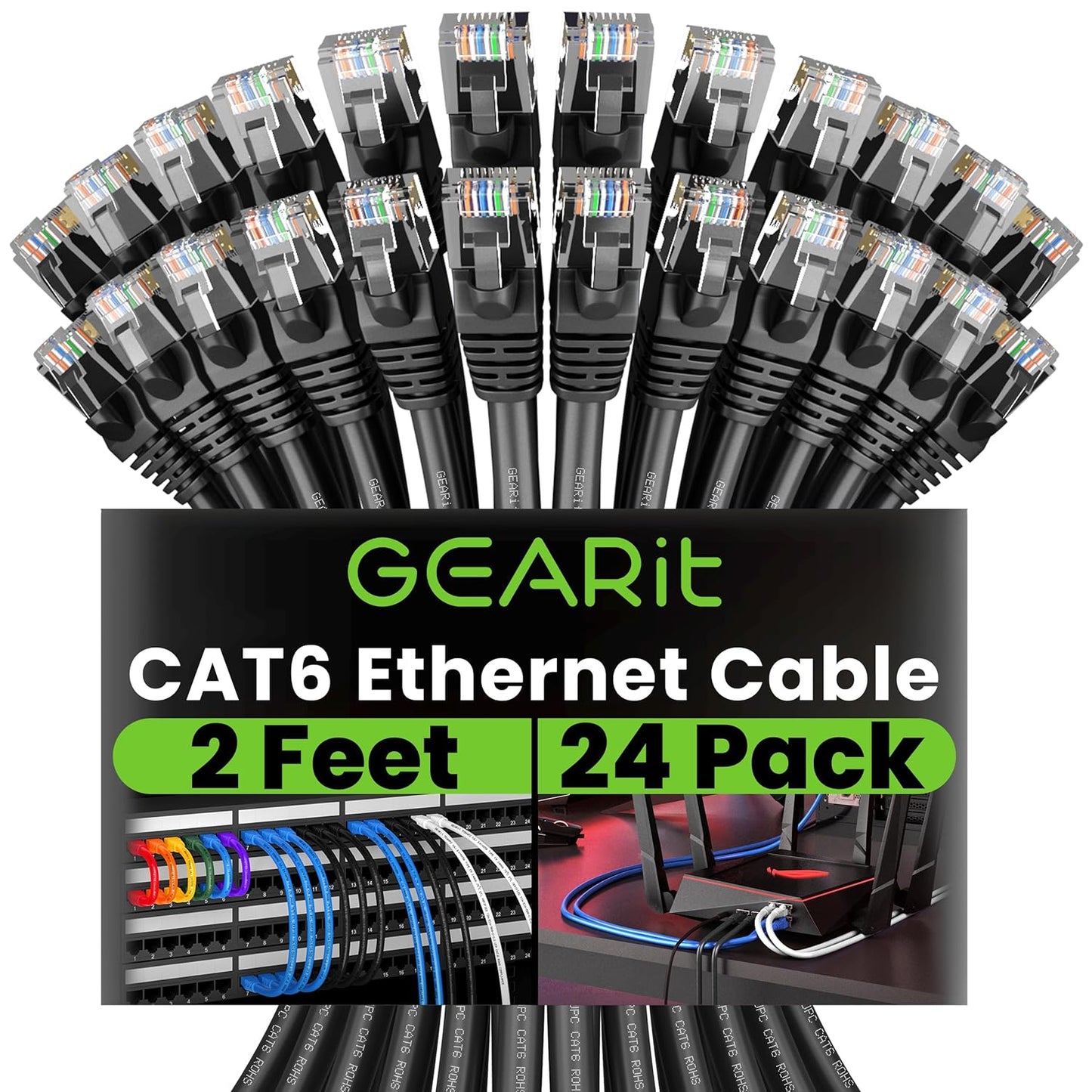 Cat 6 Ethernet Cable (20-Pack 25 Feet) Cat6 Network Patch, 10Gbps, RJ45, Snagless Cord, Gold-Plated Connectors, Internet for PC, TV, Tablet, Router, Printer, Servers, IT Data Center - Black