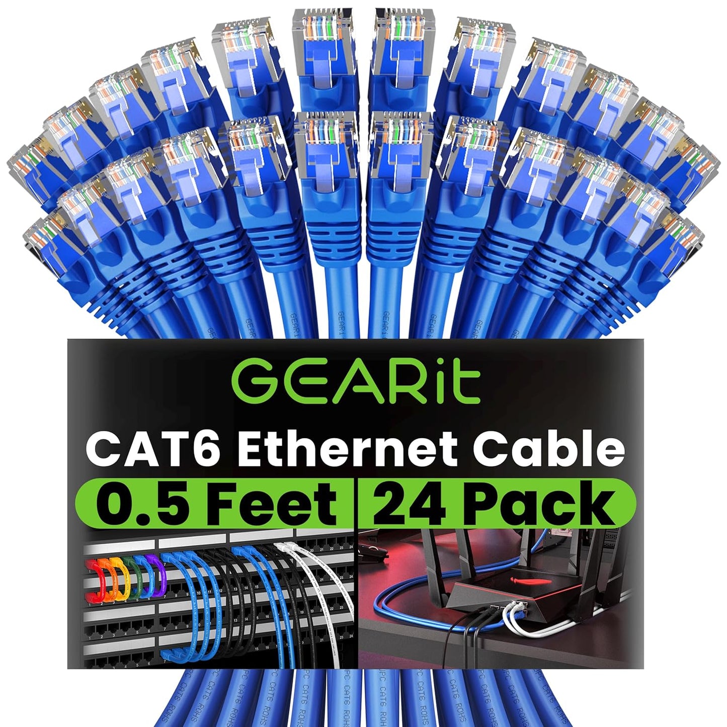 Cat 6 Ethernet Cable (20-Pack 25 Feet) Cat6 Network Patch, 10Gbps, RJ45, Snagless Cord, Gold-Plated Connectors, Internet for PC, TV, Tablet, Router, Printer, Servers, IT Data Center - Black