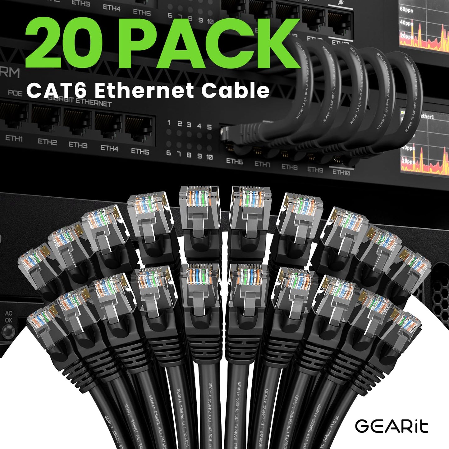 Cat 6 Ethernet Cable (20-Pack 25 Feet) Cat6 Network Patch, 10Gbps, RJ45, Snagless Cord, Gold-Plated Connectors, Internet for PC, TV, Tablet, Router, Printer, Servers, IT Data Center - Black