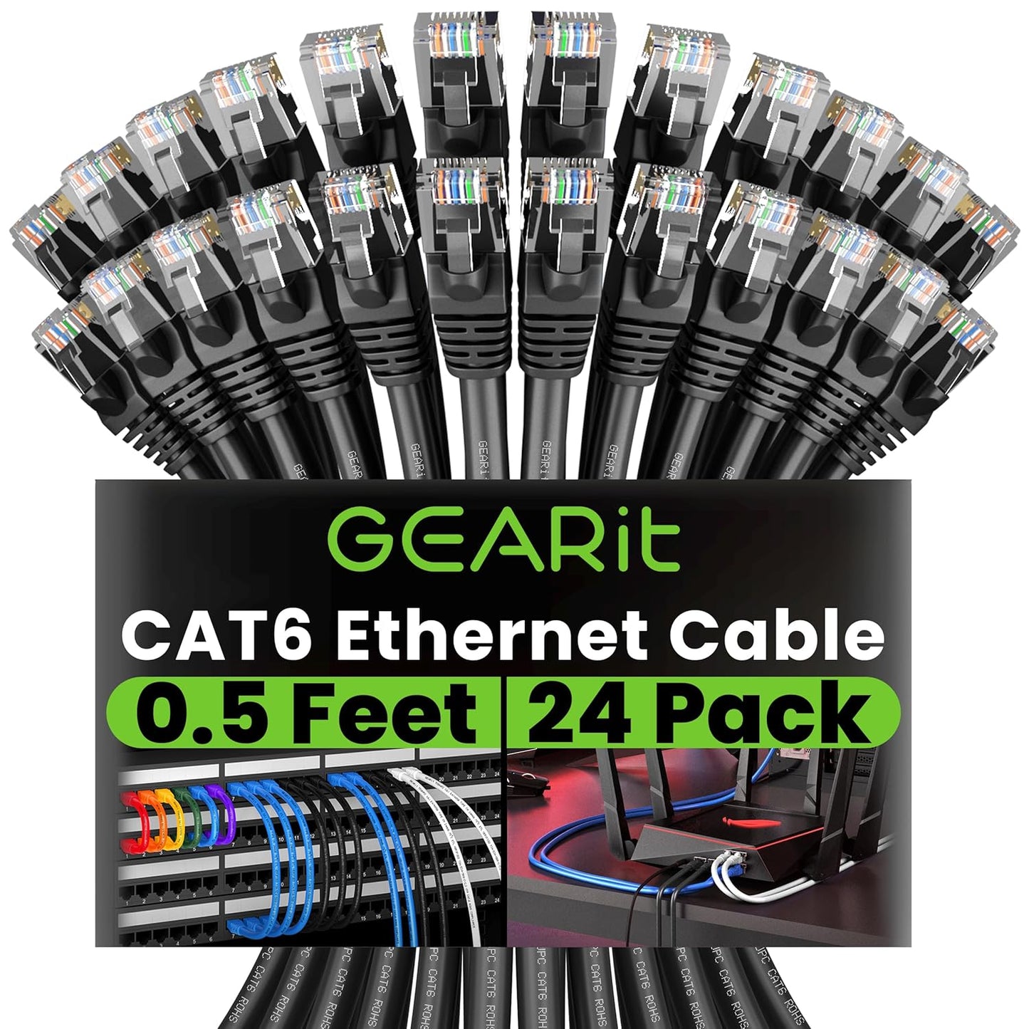 Cat 6 Ethernet Cable (20-Pack 25 Feet) Cat6 Network Patch, 10Gbps, RJ45, Snagless Cord, Gold-Plated Connectors, Internet for PC, TV, Tablet, Router, Printer, Servers, IT Data Center - Black