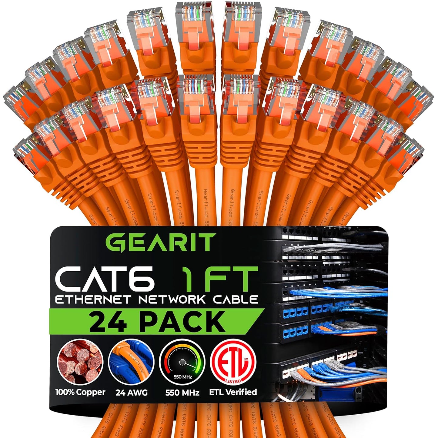 Cat 6 Ethernet Cable (20-Pack 25 Feet) Cat6 Network Patch, 10Gbps, RJ45, Snagless Cord, Gold-Plated Connectors, Internet for PC, TV, Tablet, Router, Printer, Servers, IT Data Center - Black