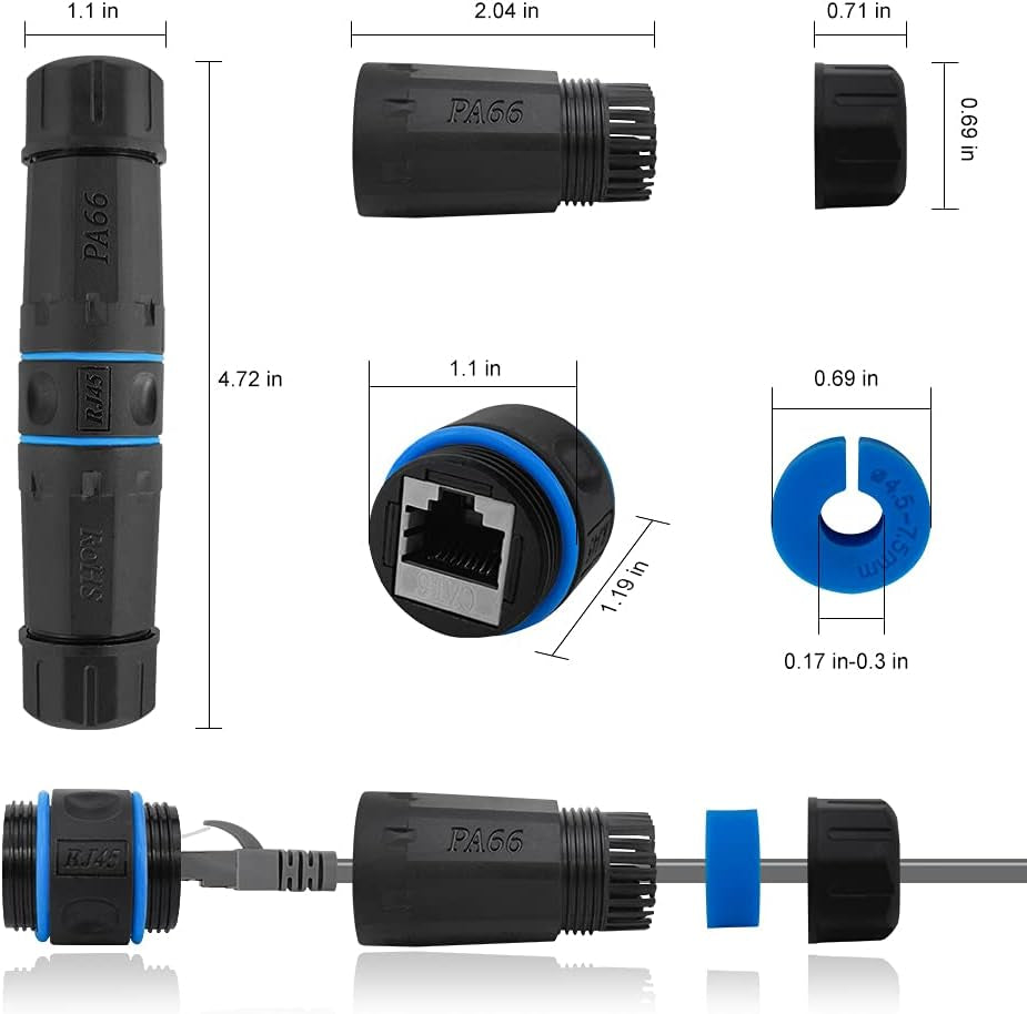 Waterproof RJ45 Coupler, Shielded Female to Female Waterproof Ethernet Coupler, IP68 Ethernet Outdoor LAN Cable Connector for Cat5E/Cat6/Cat7 Ethernet Cable, (2 Pack)