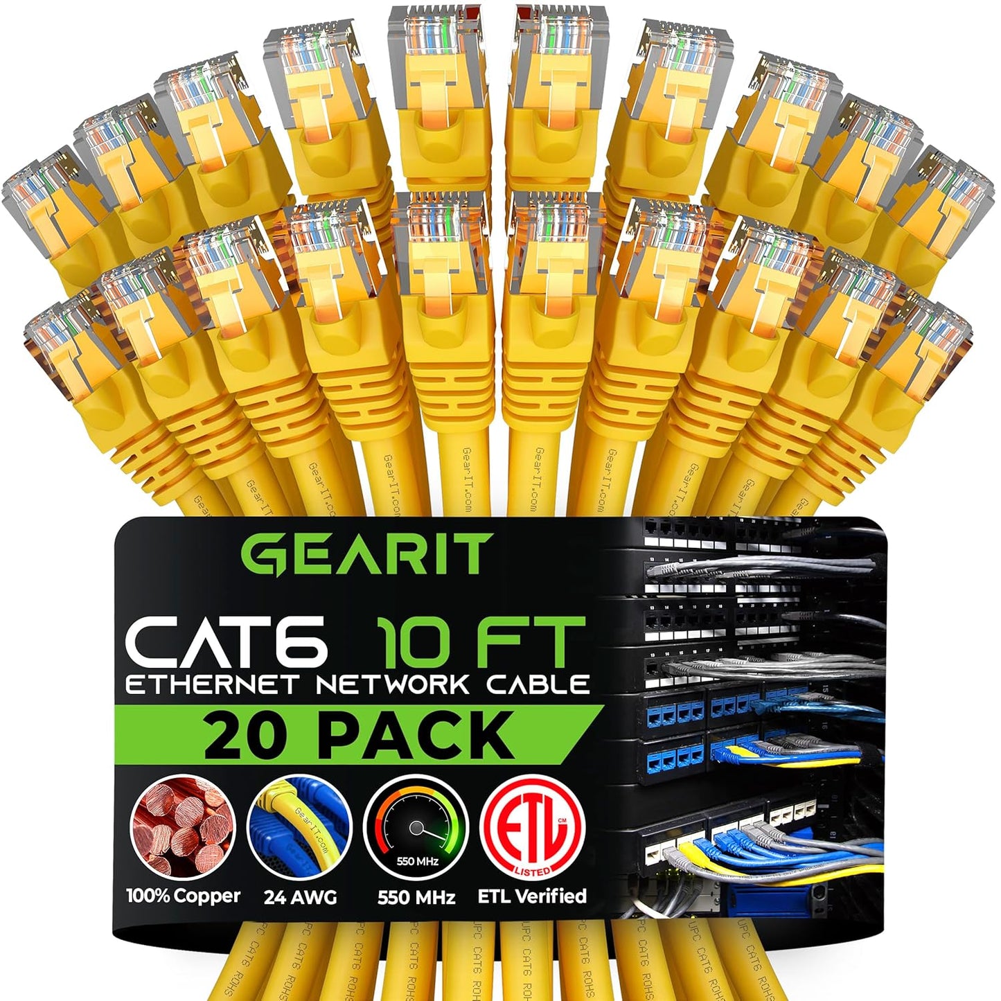 Cat 6 Ethernet Cable (20-Pack 25 Feet) Cat6 Network Patch, 10Gbps, RJ45, Snagless Cord, Gold-Plated Connectors, Internet for PC, TV, Tablet, Router, Printer, Servers, IT Data Center - Black