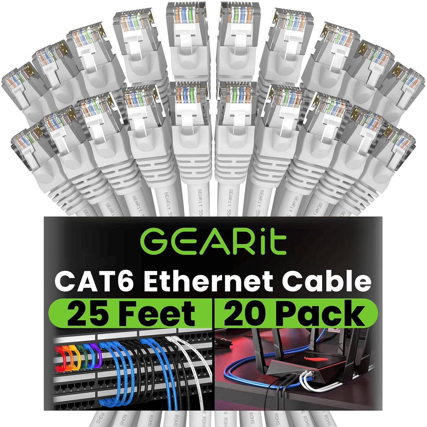 Cat 6 Ethernet Cable (20-Pack 25 Feet) Cat6 Network Patch, 10Gbps, RJ45, Snagless Cord, Gold-Plated Connectors, Internet for PC, TV, Tablet, Router, Printer, Servers, IT Data Center - Black