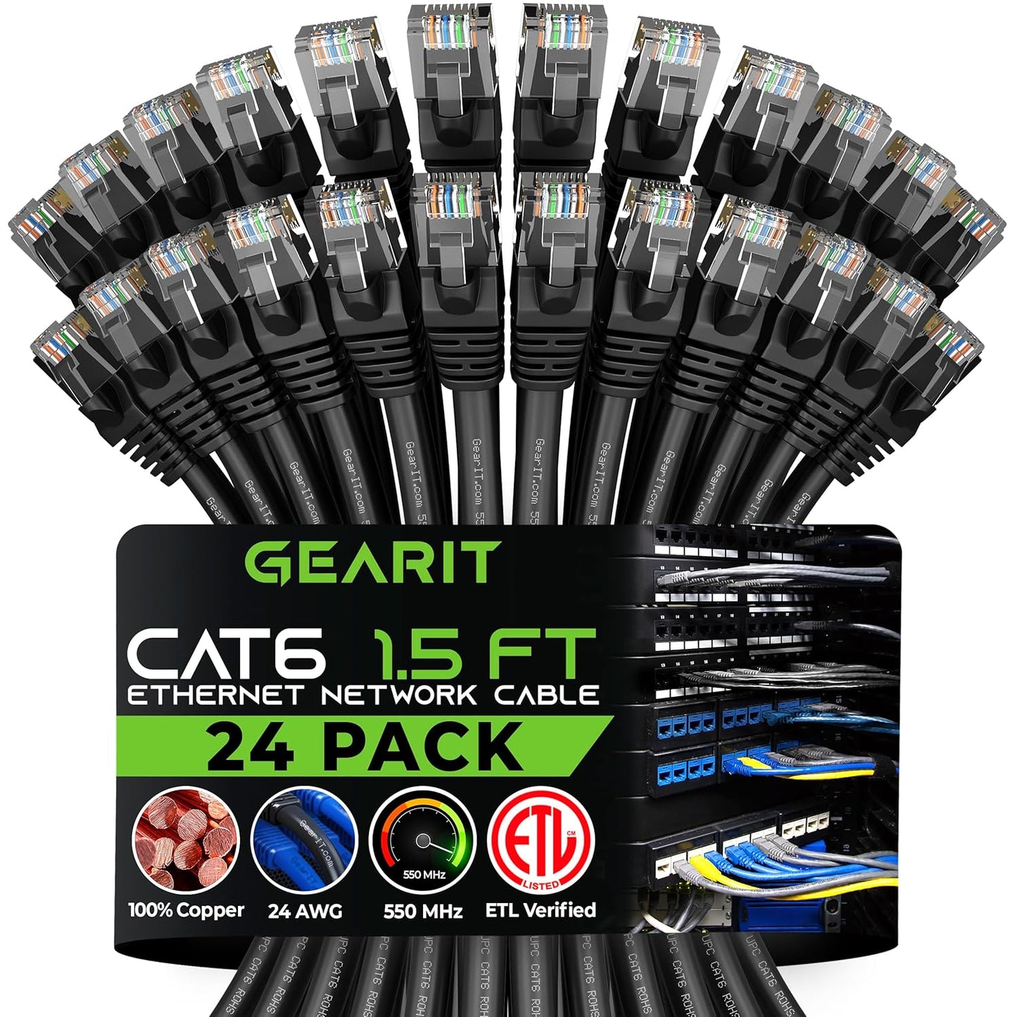 Cat 6 Ethernet Cable (20-Pack 25 Feet) Cat6 Network Patch, 10Gbps, RJ45, Snagless Cord, Gold-Plated Connectors, Internet for PC, TV, Tablet, Router, Printer, Servers, IT Data Center - Black