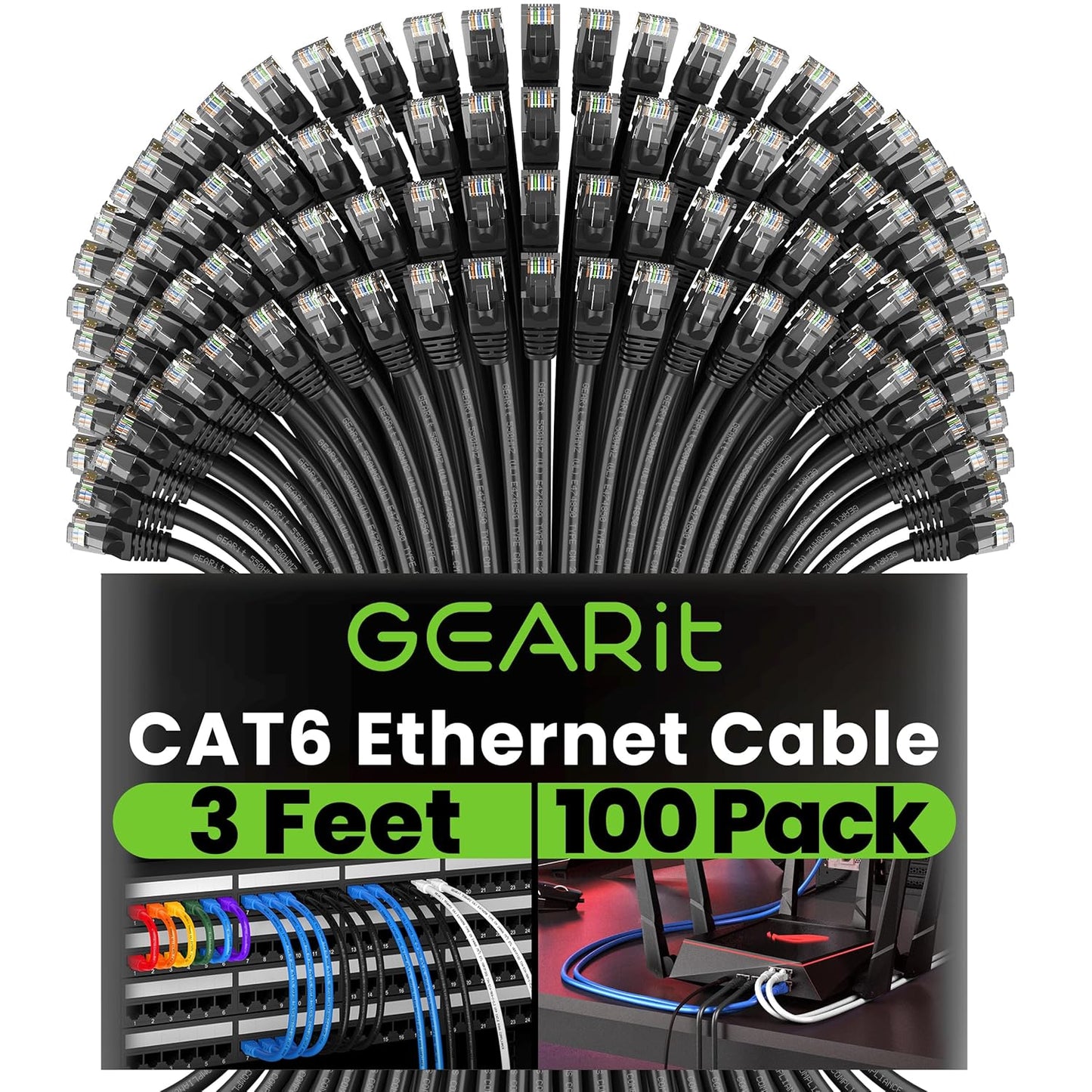 Cat 6 Ethernet Cable (20-Pack 25 Feet) Cat6 Network Patch, 10Gbps, RJ45, Snagless Cord, Gold-Plated Connectors, Internet for PC, TV, Tablet, Router, Printer, Servers, IT Data Center - Black