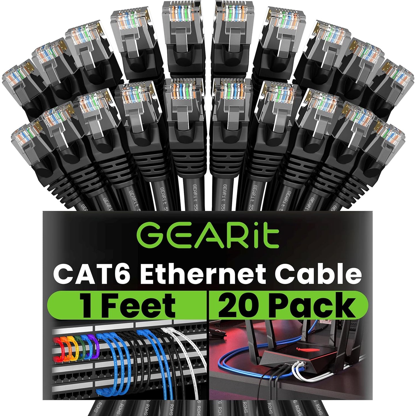 Cat 6 Ethernet Cable (20-Pack 25 Feet) Cat6 Network Patch, 10Gbps, RJ45, Snagless Cord, Gold-Plated Connectors, Internet for PC, TV, Tablet, Router, Printer, Servers, IT Data Center - Black