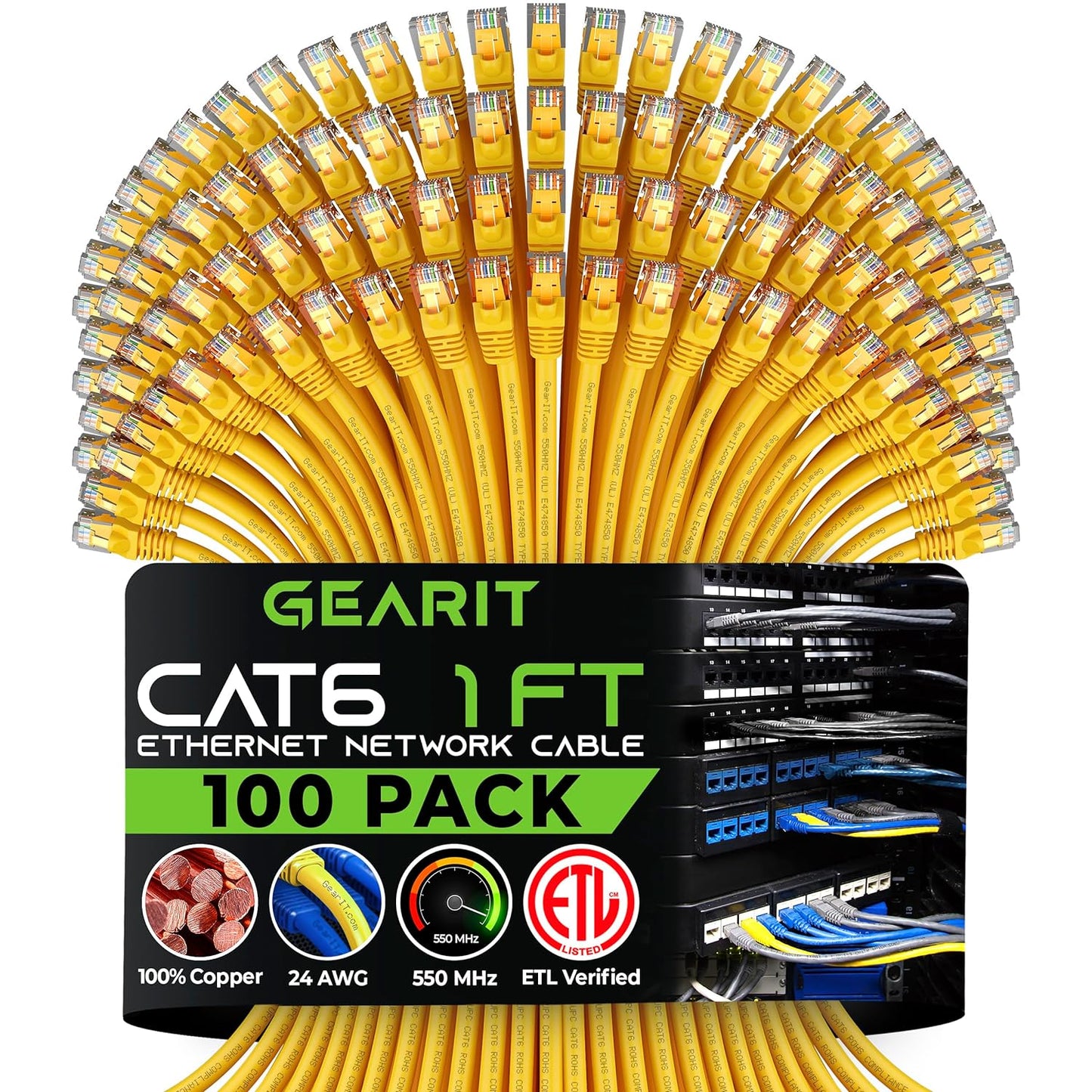 Cat 6 Ethernet Cable (20-Pack 25 Feet) Cat6 Network Patch, 10Gbps, RJ45, Snagless Cord, Gold-Plated Connectors, Internet for PC, TV, Tablet, Router, Printer, Servers, IT Data Center - Black