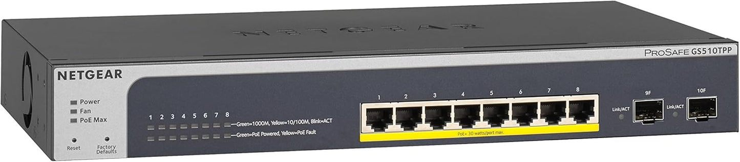 10-Port Poe Gigabit Ethernet Smart Switch (GS110TP) - Managed, with 8 X Poe+ @ 55W, 2 X 1G SFP, Optional Insight Cloud Management, Desktop or Wall Mount, and Limited Lifetime Protection