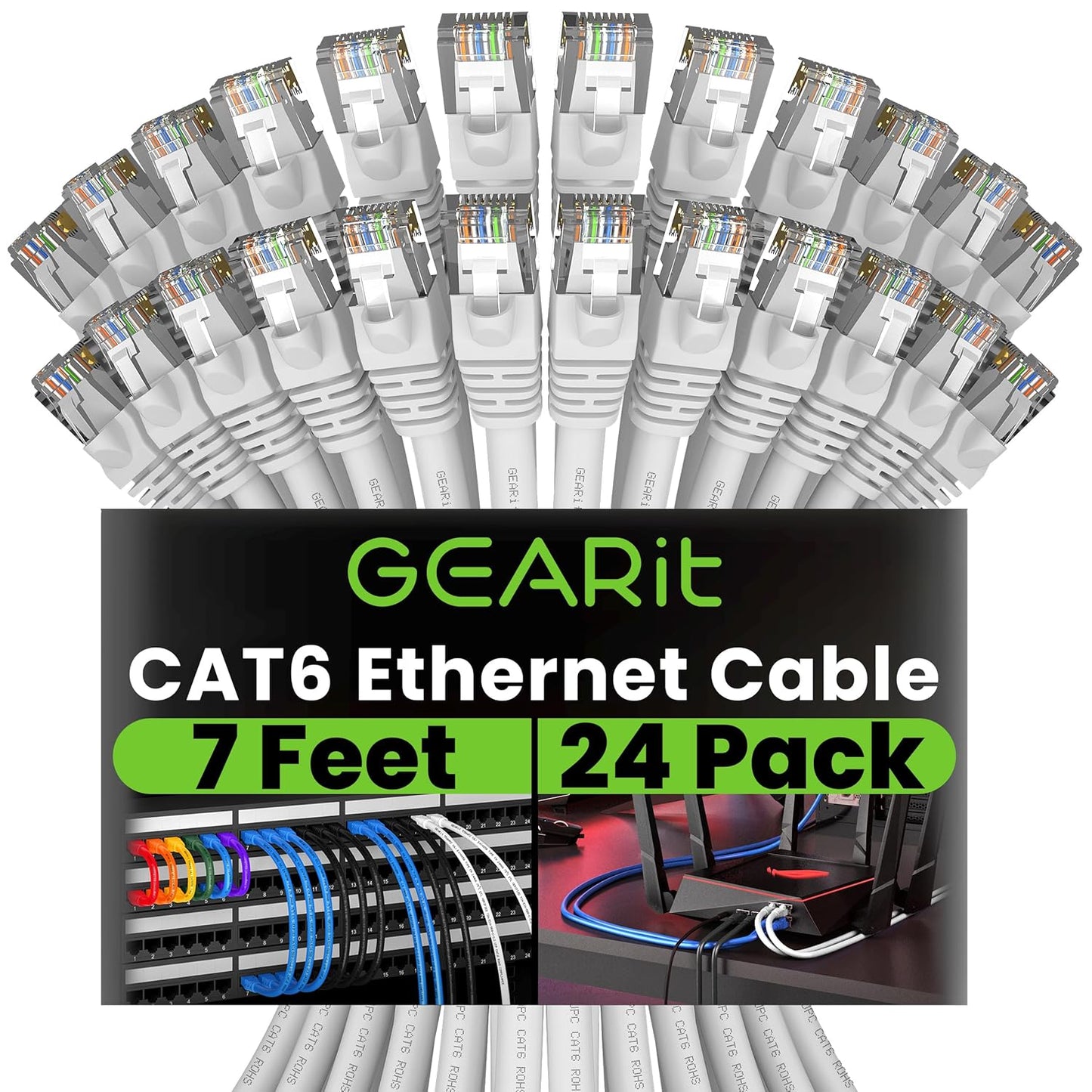 Cat 6 Ethernet Cable (20-Pack 25 Feet) Cat6 Network Patch, 10Gbps, RJ45, Snagless Cord, Gold-Plated Connectors, Internet for PC, TV, Tablet, Router, Printer, Servers, IT Data Center - Black