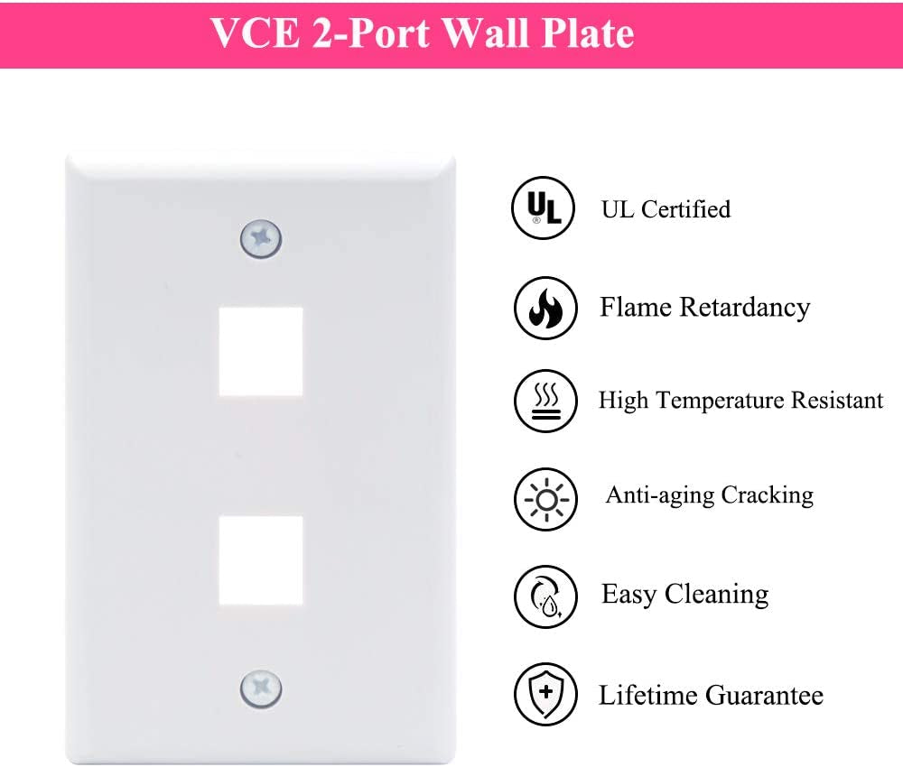 2 Port Keystone Wall Plate UL Listed (10-Pack), Single Gang Wall Plates for RJ45 Keystone Jack and Modular Inserts, White