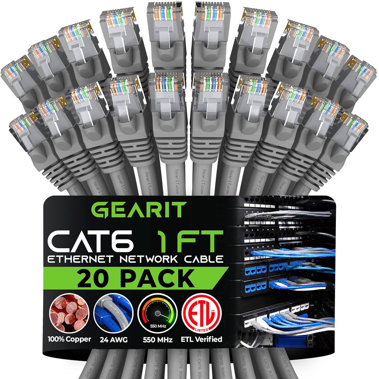 Cat 6 Ethernet Cable (20-Pack 25 Feet) Cat6 Network Patch, 10Gbps, RJ45, Snagless Cord, Gold-Plated Connectors, Internet for PC, TV, Tablet, Router, Printer, Servers, IT Data Center - Black