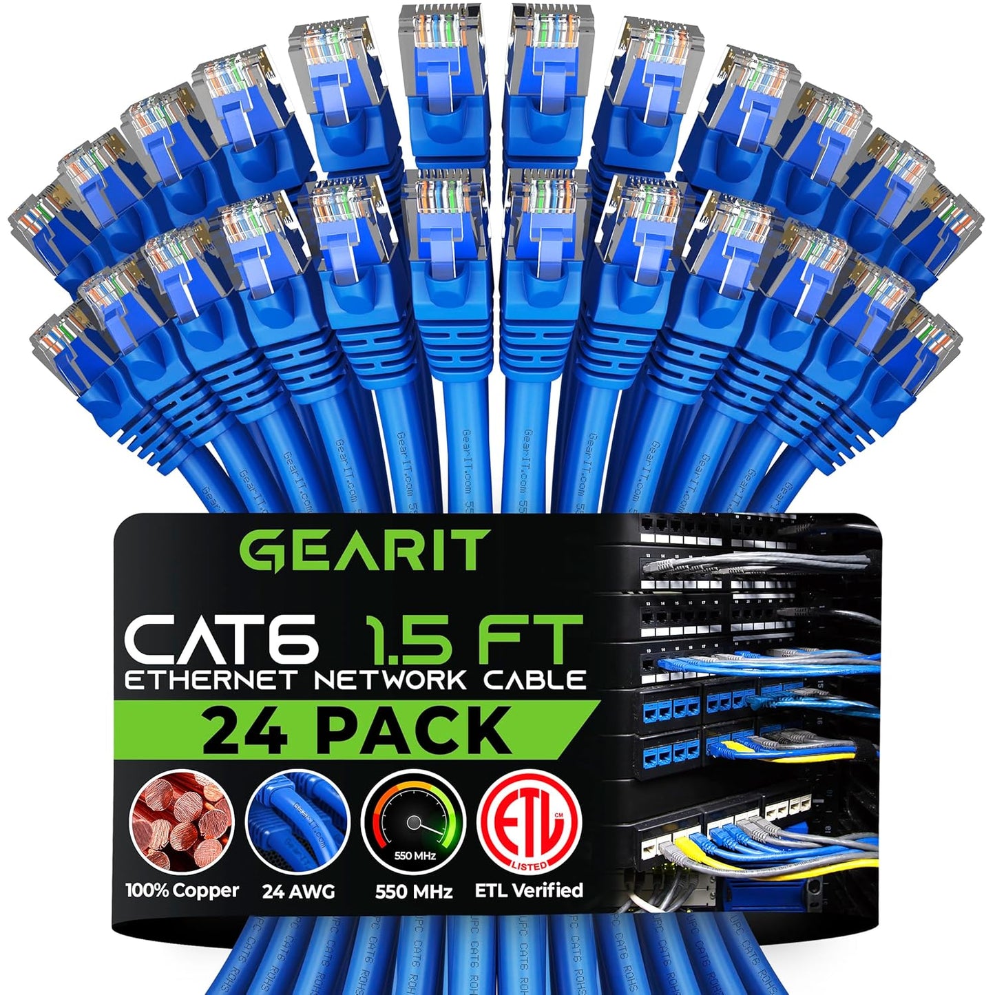 Cat 6 Ethernet Cable (20-Pack 25 Feet) Cat6 Network Patch, 10Gbps, RJ45, Snagless Cord, Gold-Plated Connectors, Internet for PC, TV, Tablet, Router, Printer, Servers, IT Data Center - Black