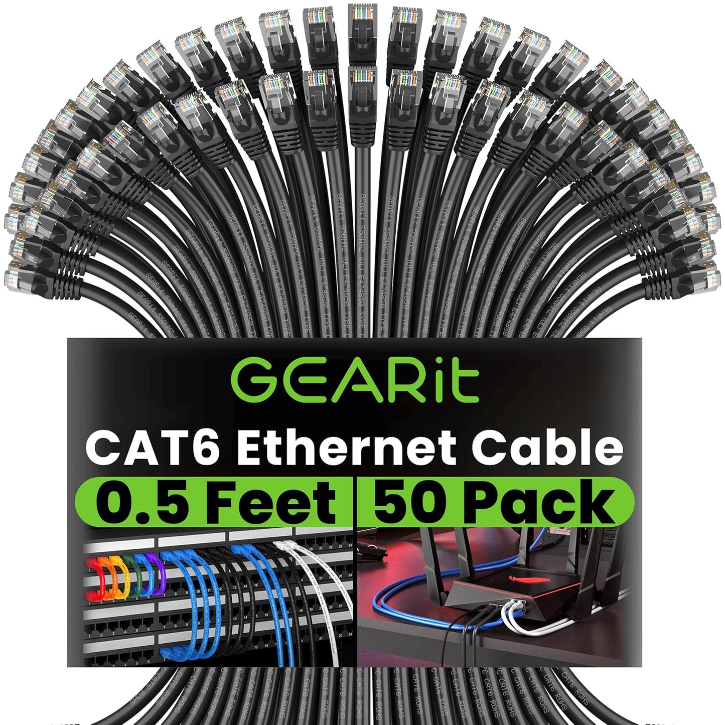 Cat 6 Ethernet Cable (20-Pack 25 Feet) Cat6 Network Patch, 10Gbps, RJ45, Snagless Cord, Gold-Plated Connectors, Internet for PC, TV, Tablet, Router, Printer, Servers, IT Data Center - Black