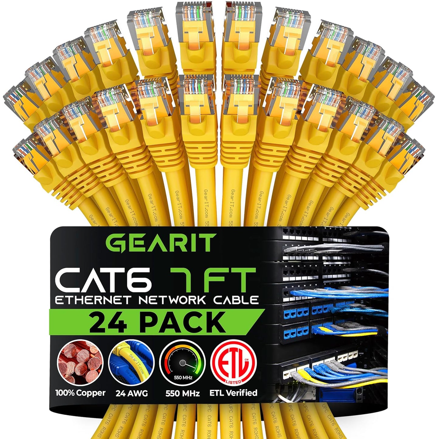 Cat 6 Ethernet Cable (20-Pack 25 Feet) Cat6 Network Patch, 10Gbps, RJ45, Snagless Cord, Gold-Plated Connectors, Internet for PC, TV, Tablet, Router, Printer, Servers, IT Data Center - Black