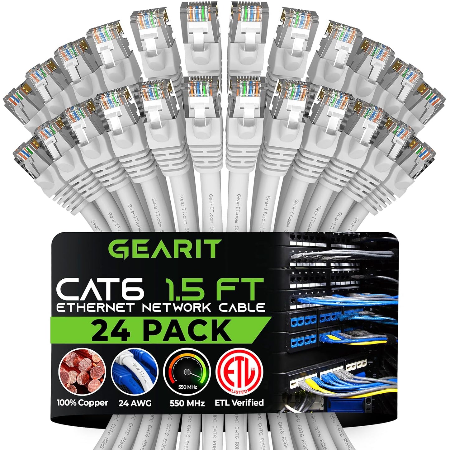 Cat 6 Ethernet Cable (20-Pack 25 Feet) Cat6 Network Patch, 10Gbps, RJ45, Snagless Cord, Gold-Plated Connectors, Internet for PC, TV, Tablet, Router, Printer, Servers, IT Data Center - Black