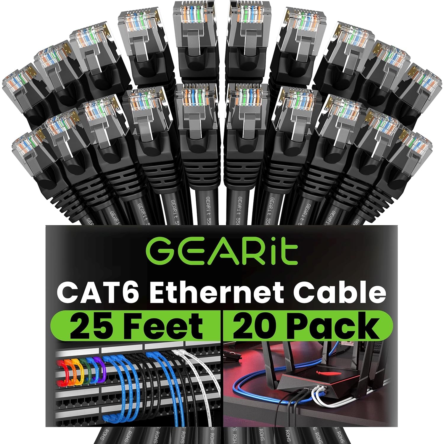 Cat 6 Ethernet Cable (20-Pack 25 Feet) Cat6 Network Patch, 10Gbps, RJ45, Snagless Cord, Gold-Plated Connectors, Internet for PC, TV, Tablet, Router, Printer, Servers, IT Data Center - Black