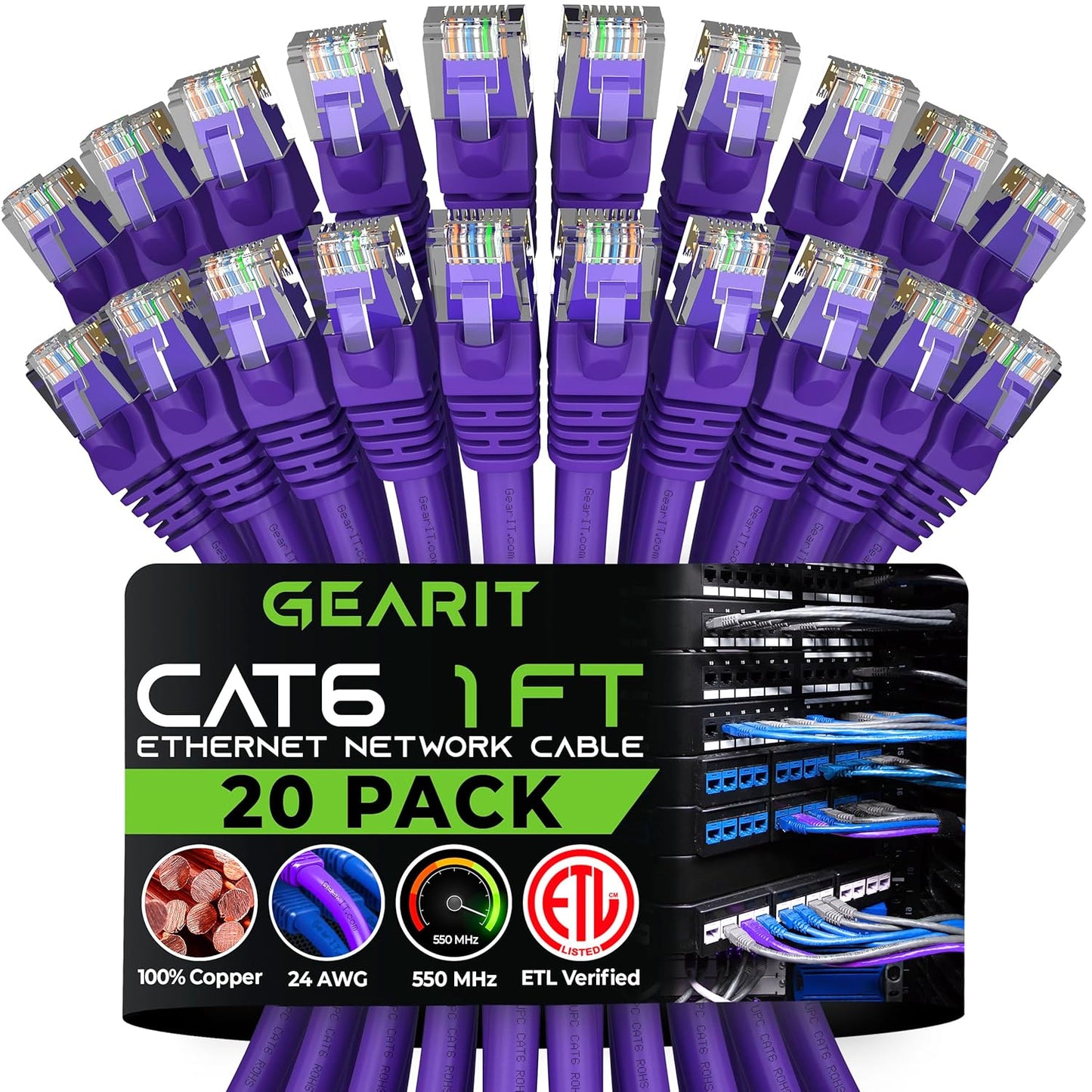 Cat 6 Ethernet Cable (20-Pack 25 Feet) Cat6 Network Patch, 10Gbps, RJ45, Snagless Cord, Gold-Plated Connectors, Internet for PC, TV, Tablet, Router, Printer, Servers, IT Data Center - Black