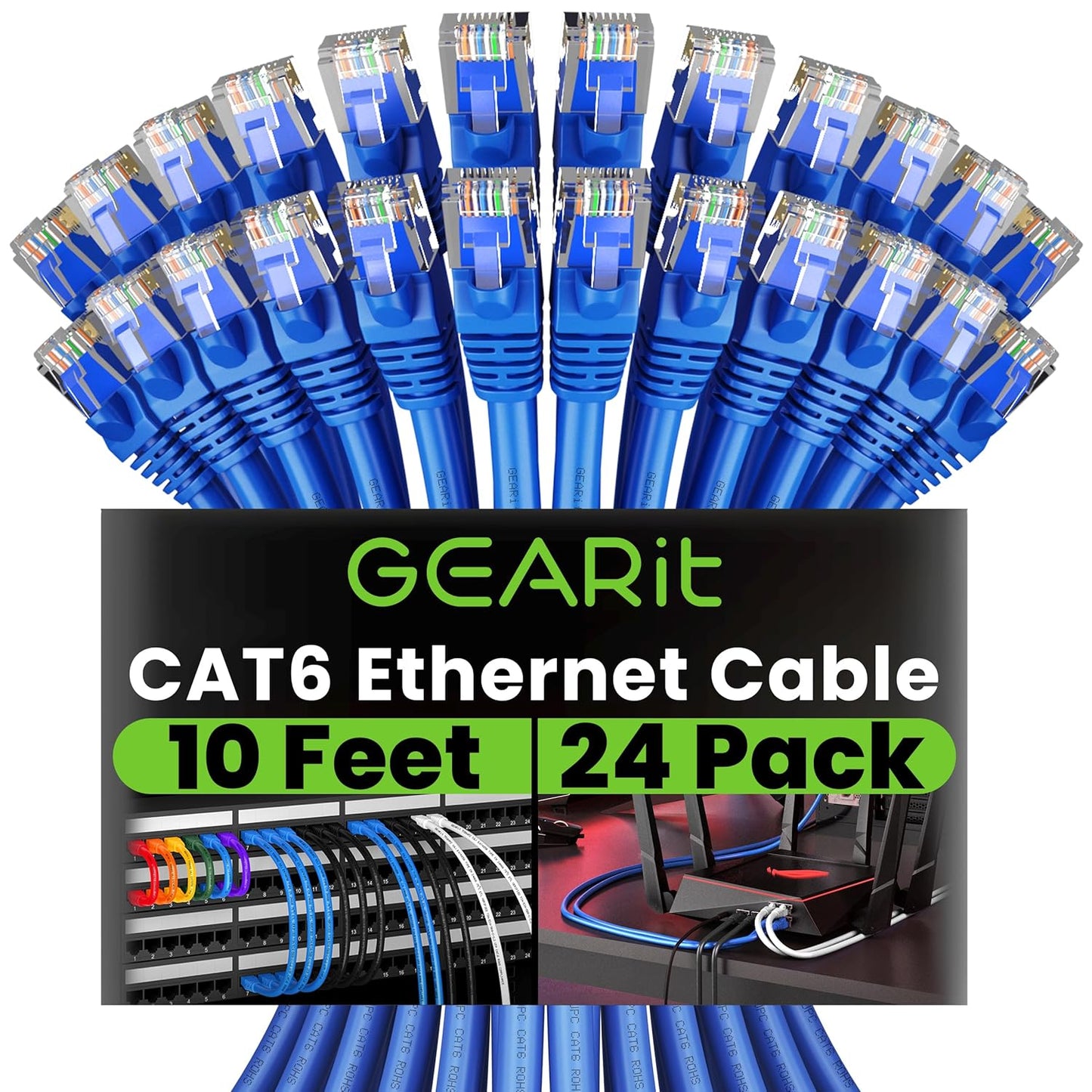 Cat 6 Ethernet Cable (20-Pack 25 Feet) Cat6 Network Patch, 10Gbps, RJ45, Snagless Cord, Gold-Plated Connectors, Internet for PC, TV, Tablet, Router, Printer, Servers, IT Data Center - Black