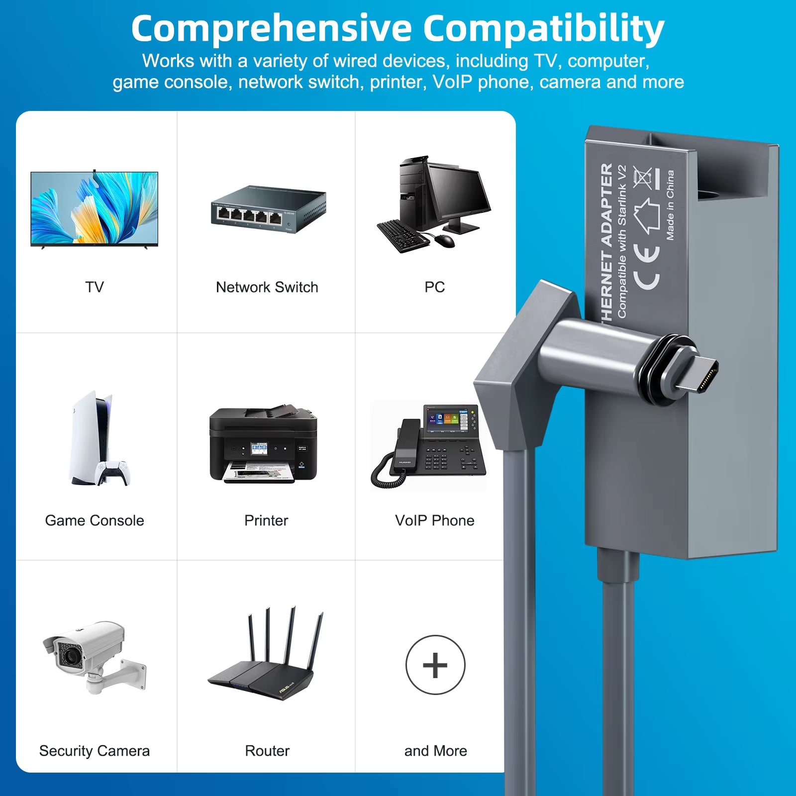 Starlink Ethernet Adapter for Dish Antenna Satellite Internet V2 Powerline Kit for Wired External Network GEN2 Ethernet Adapter