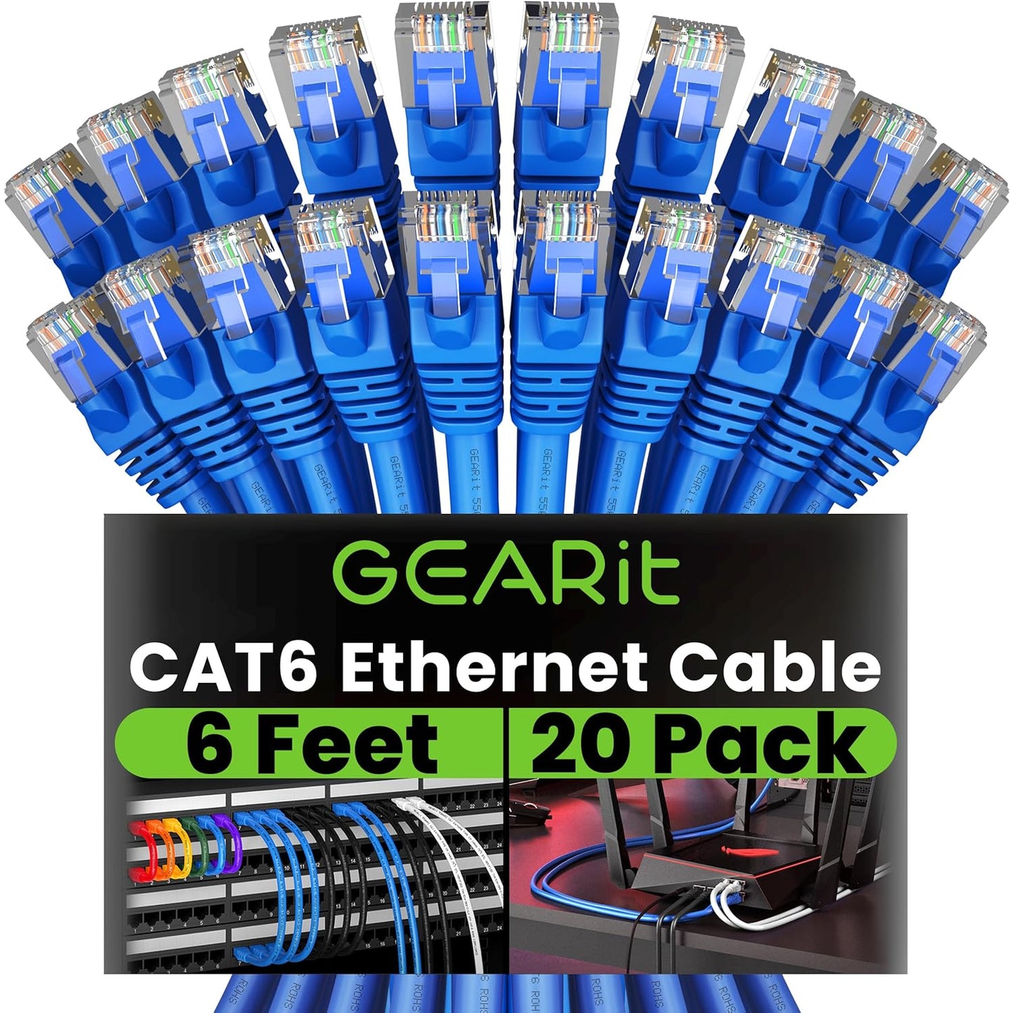 Cat 6 Ethernet Cable (20-Pack 25 Feet) Cat6 Network Patch, 10Gbps, RJ45, Snagless Cord, Gold-Plated Connectors, Internet for PC, TV, Tablet, Router, Printer, Servers, IT Data Center - Black