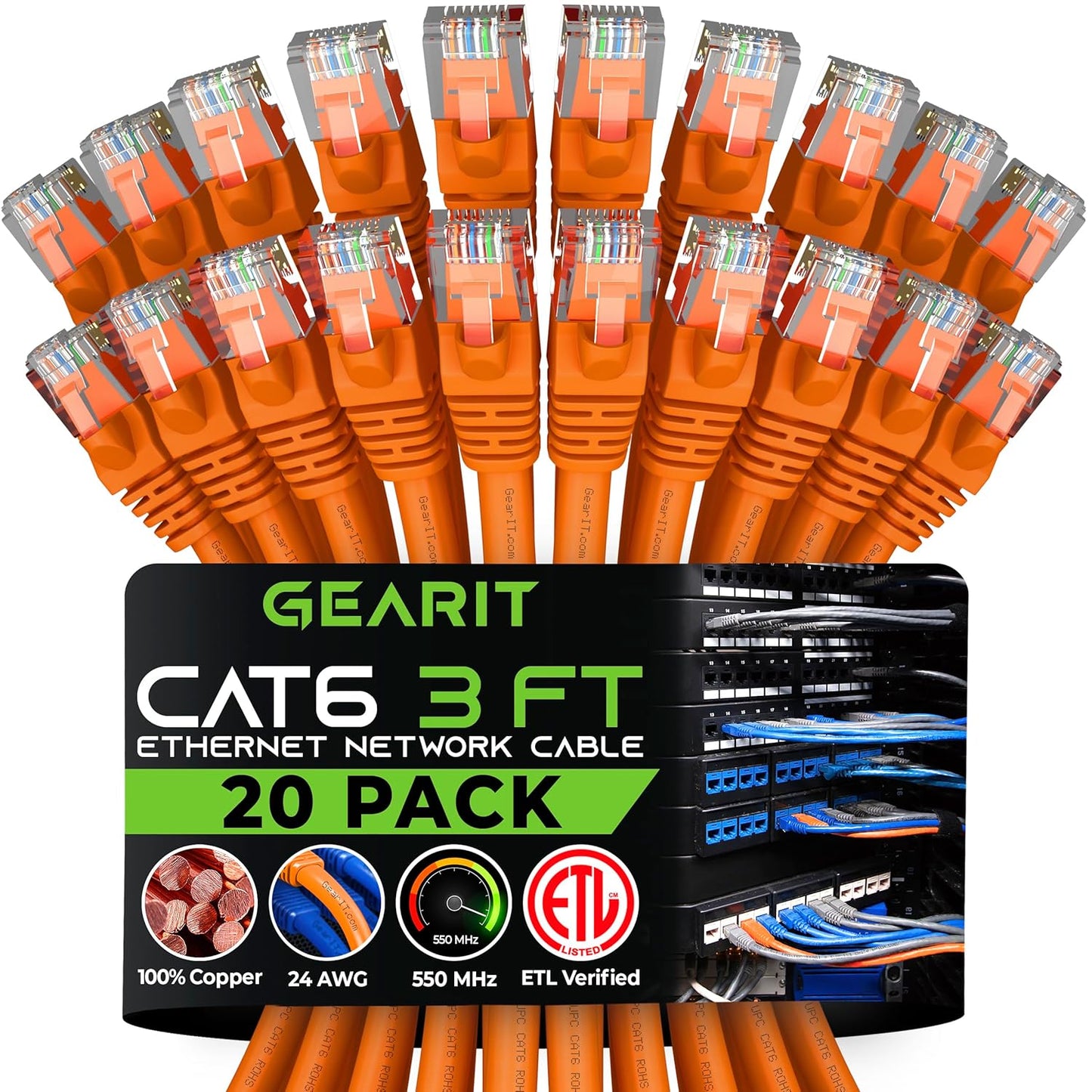 Cat 6 Ethernet Cable (20-Pack 25 Feet) Cat6 Network Patch, 10Gbps, RJ45, Snagless Cord, Gold-Plated Connectors, Internet for PC, TV, Tablet, Router, Printer, Servers, IT Data Center - Black