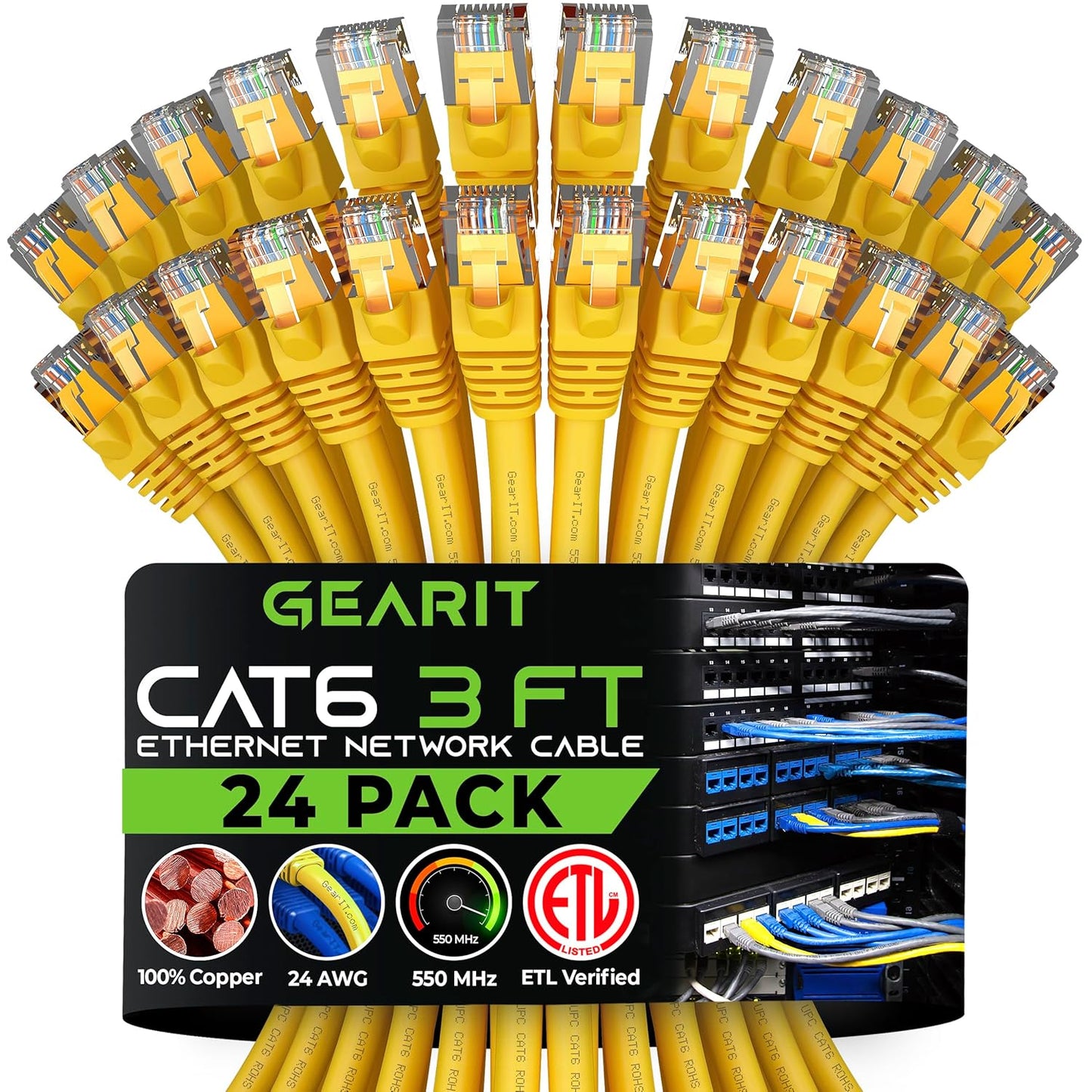 Cat 6 Ethernet Cable (20-Pack 25 Feet) Cat6 Network Patch, 10Gbps, RJ45, Snagless Cord, Gold-Plated Connectors, Internet for PC, TV, Tablet, Router, Printer, Servers, IT Data Center - Black