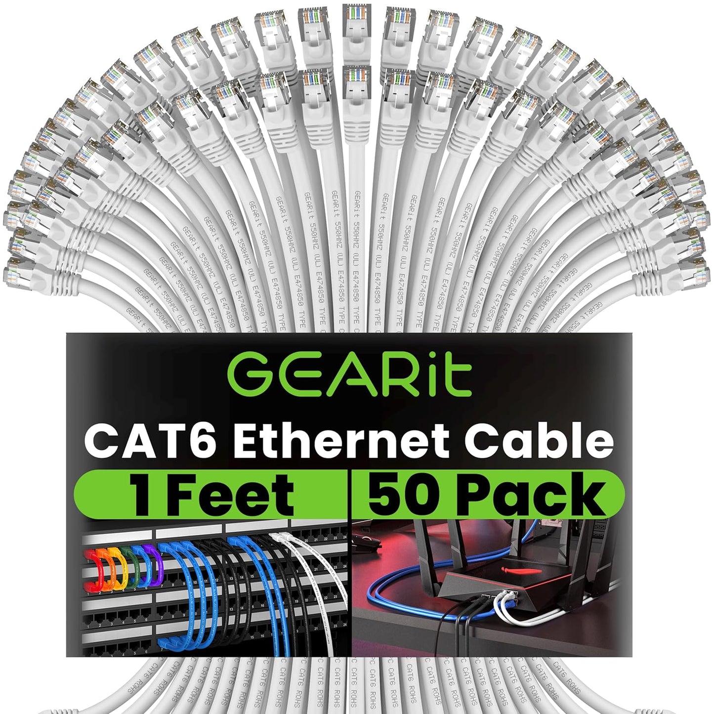 Cat 6 Ethernet Cable (20-Pack 25 Feet) Cat6 Network Patch, 10Gbps, RJ45, Snagless Cord, Gold-Plated Connectors, Internet for PC, TV, Tablet, Router, Printer, Servers, IT Data Center - Black