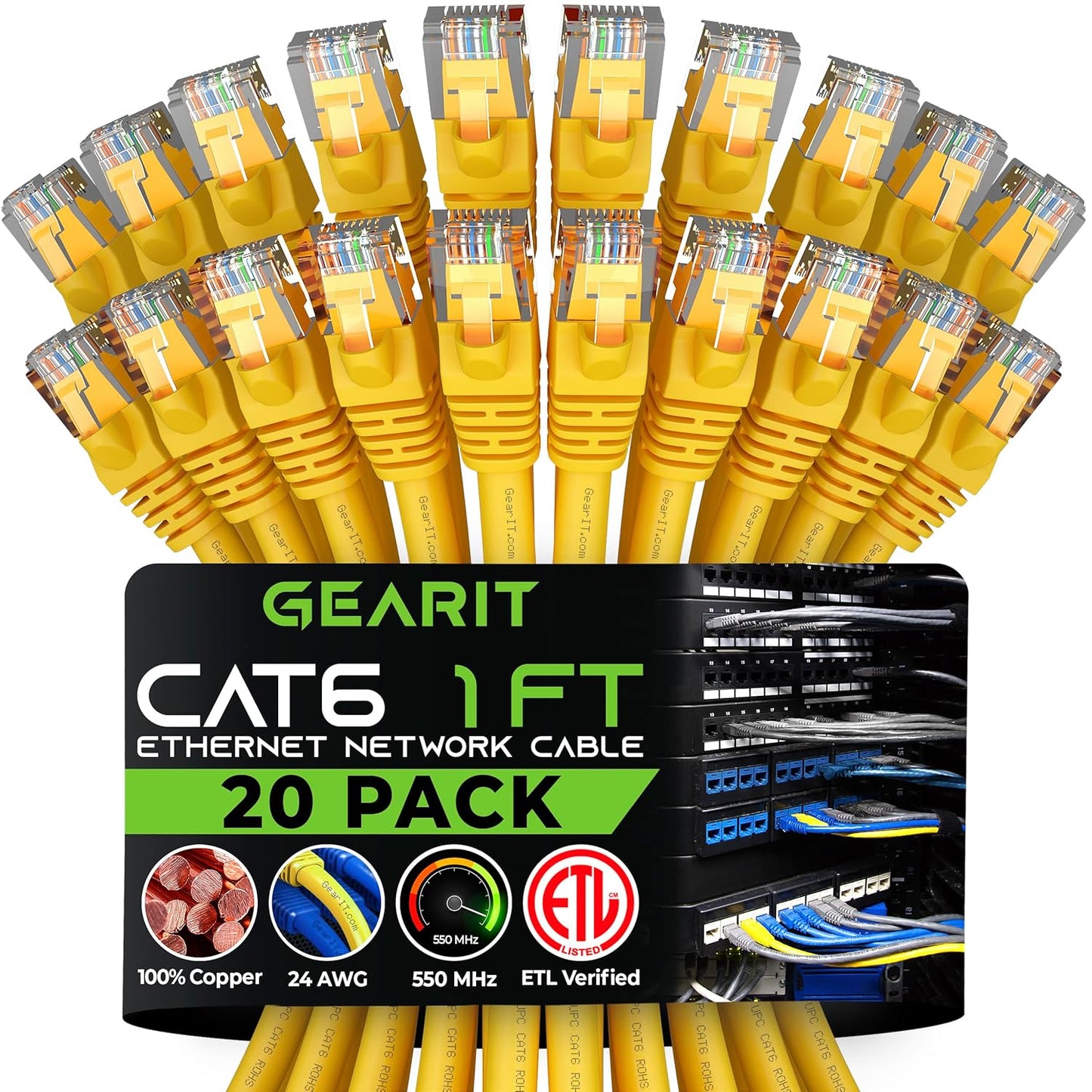 Cat 6 Ethernet Cable (20-Pack 25 Feet) Cat6 Network Patch, 10Gbps, RJ45, Snagless Cord, Gold-Plated Connectors, Internet for PC, TV, Tablet, Router, Printer, Servers, IT Data Center - Black