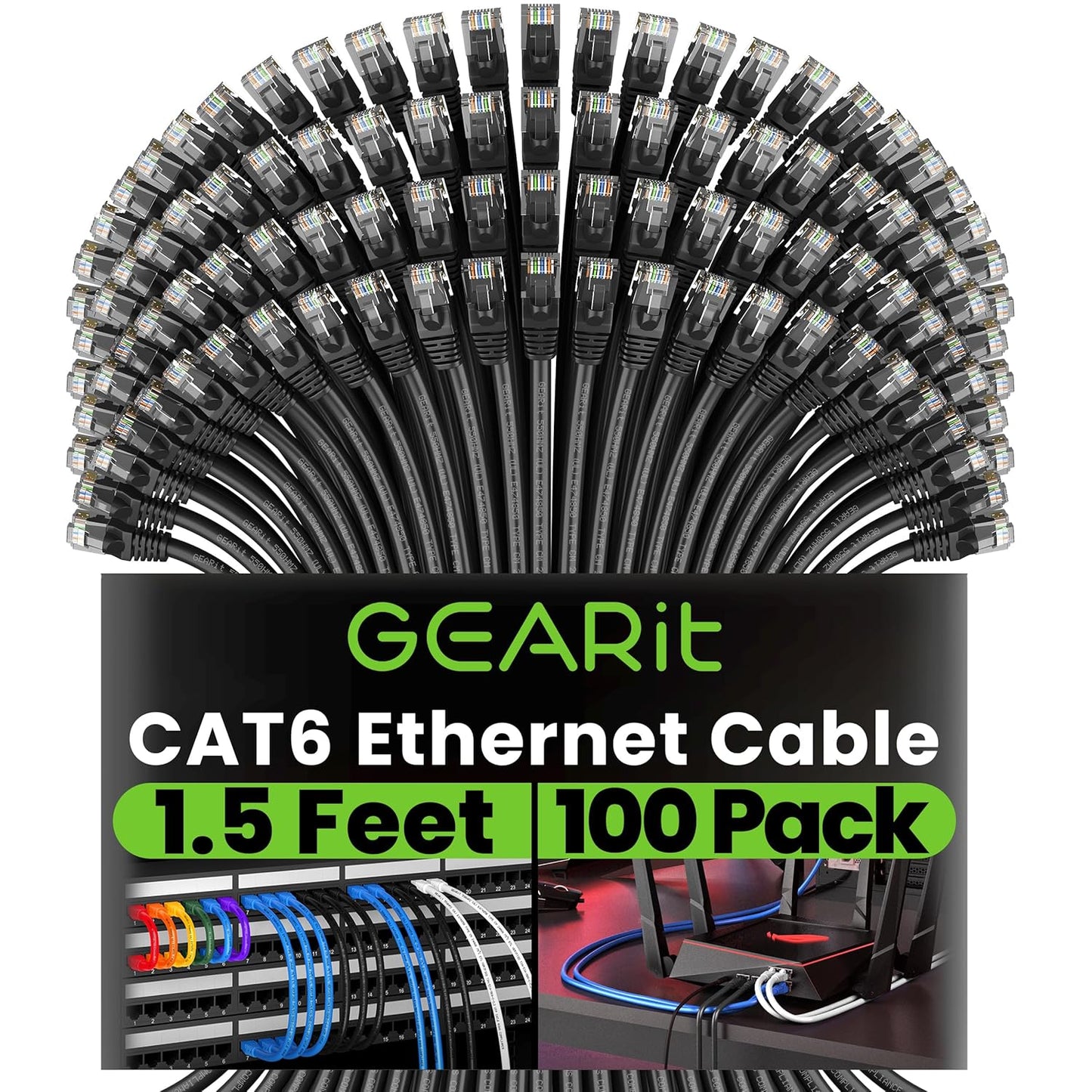 Cat 6 Ethernet Cable (20-Pack 25 Feet) Cat6 Network Patch, 10Gbps, RJ45, Snagless Cord, Gold-Plated Connectors, Internet for PC, TV, Tablet, Router, Printer, Servers, IT Data Center - Black