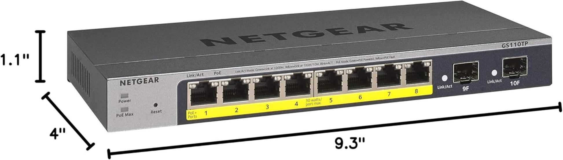 10-Port Poe Gigabit Ethernet Smart Switch (GS110TP) - Managed, with 8 X Poe+ @ 55W, 2 X 1G SFP, Optional Insight Cloud Management, Desktop or Wall Mount, and Limited Lifetime Protection