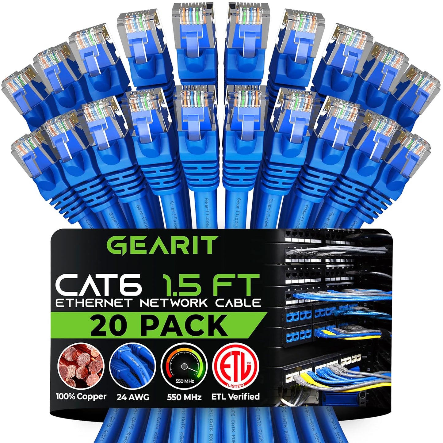 Cat 6 Ethernet Cable (20-Pack 25 Feet) Cat6 Network Patch, 10Gbps, RJ45, Snagless Cord, Gold-Plated Connectors, Internet for PC, TV, Tablet, Router, Printer, Servers, IT Data Center - Black