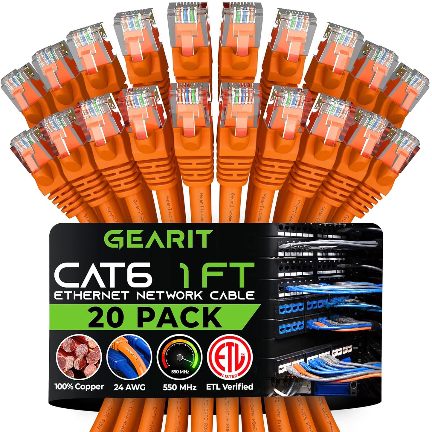 Cat 6 Ethernet Cable (20-Pack 25 Feet) Cat6 Network Patch, 10Gbps, RJ45, Snagless Cord, Gold-Plated Connectors, Internet for PC, TV, Tablet, Router, Printer, Servers, IT Data Center - Black